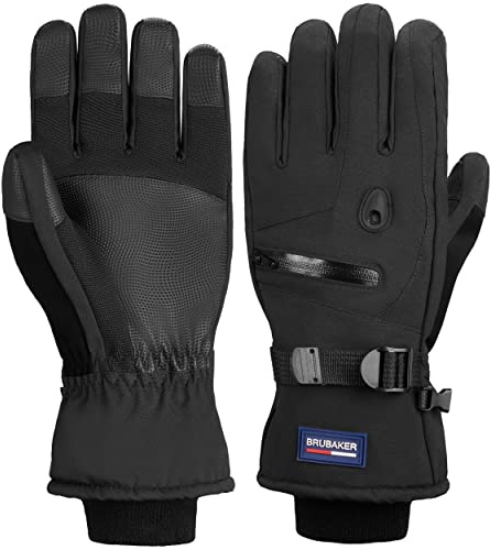 BRUBAKER Skihandschuhe Wasserdicht und Winddicht mit Reißverschluss Tasche - Winterhandschuhe für Herren und Damen - Extra Warme Snowboardhandschuhe - Thermo Handschuhe für Ski - Schwarz Größe S/M