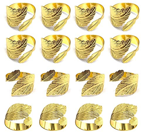 BEEK Pack Pack of 16, Gold Leaf, Hollow Rings, Metal Napkin Buckles for Wedding Party Dinner Anniversary Table Decoration