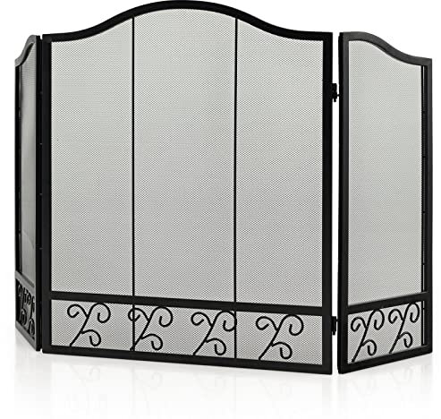 GiantexUK 3-Panel Folding Fire Guard, Metal Mesh Fireplace Screen, Heavy Duty Freestanding Spark Guard Safety Barrier for Child Baby Pet Open Fire (Grass Pattern, 127 x 78cm)