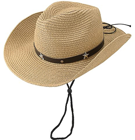 HilyBony Cappelli da Cowboy in Paglia per Ragazzi e Ragazze, Cappello da Cowgirl Estivo Occidentale con Fibbia per Cintura per Bambini 2-9 Anni (52cm per 2-4 Anni, Cachi con Cintura a Stella)