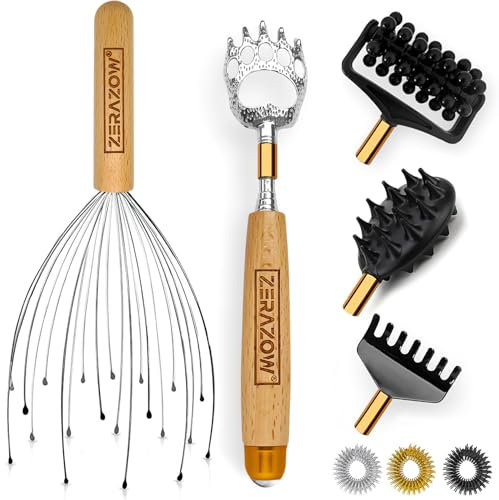 ZERAZOW® Telescoping Back Scratcher 9 Pcs Set | Backscratcher for Men & Women with 4 Detachable Heads | Scalp & Back Massager Tools | Stocking Fillers for Men | Dad Christmas Gifts | UK Brand