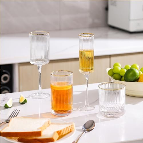 Lysenn Wine Glasses, Ribbed and Fluted Vintage Glassware Set Includes Wine Glasses, Champagne Glasses, Whiskey Glasses and Highball Glasses for Christmas or Wedding Party, Set of 4
