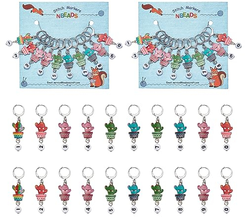nbeads 20 Stück Kaktus-Maschenmarkierer, Zahlen-Perlen-Häkelstich-Marker-Charms Abnehmbar 304 Edelstahl-Verschluss Verriegelbarer Maschenmarkierer Zum Stricken Weben Nähen Schmuckherstellung