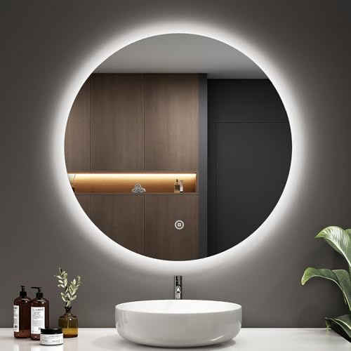 EMKE Badspiegel mit Beleuchtung Rund 70cm Rund LED Badspiegel mit Touch-Schalter, Dimmbar, 6500K, 3 Std. Abschaltautomatik, Runder Badezimmerspiegel mit Beleuchtung IP44 Wasserdicht
