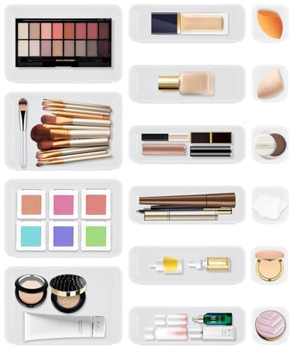 Omtofo 16 Stücke Weiß Schubladen Ordnungssystem Organizer, Schubladentrenner Verstellbar mit 3 Größen, Rutschfester Organizer Box Für Schreibtisch, Makeup, Badezimmer, Büro,Utensilien