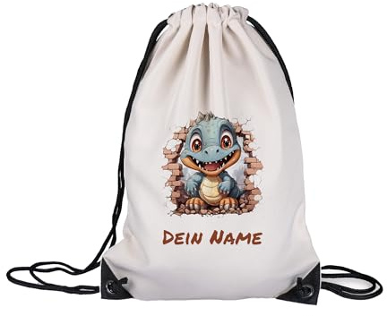 GRAZDesign Dino Turnbeutel mit Namen personalisiert Rucksack Dinosaurier, Sportbeutel für Kinder Jungen und Mädchen, Einschulung