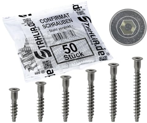 Stahlia Confirmat Schrauben 7,0x60mm Möbel Schrauben (50 Stück) Stahl verzinkt Verbindungsschrauben Möbelverbinder Schrauben Korpusverbinder Innensechskant