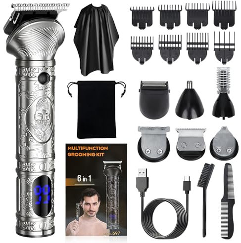 Gabrella Hair Clippers Beard Trimmer for Men, Professional Hair Clipper USB-C Zero Gapped T-Blade Electric Shaver Razor Nose Body Trimmer Cordless Grooming Kit 6 in 1