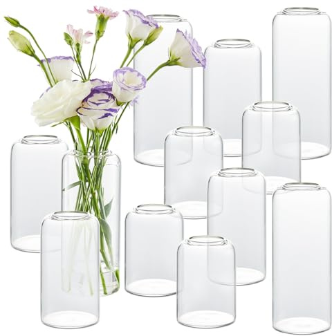 Bud Vases in Bulk Set of 12, Glass Small Vases for Flowers, Modern Cylinder Flower Vases for Wedding Centerpiece, Living Room Decorative, Home Decor