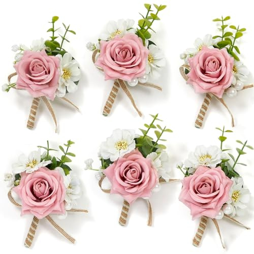 Serwalin 6PCS Pink Rose Boutonniere for Men Wedding Groom Groomsmen Best Man Boutonniere for Wedding Ceremony Anniversary Prom Flowers Formal Dinner Party