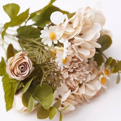 The Baked Studio Bouquet de fleurs artificielles en soie (rose, pissenlit, hortensia, marguerite, eucalyptus et feuillage) - Plante artificielle réaliste pour décoration de gâteau, décoration