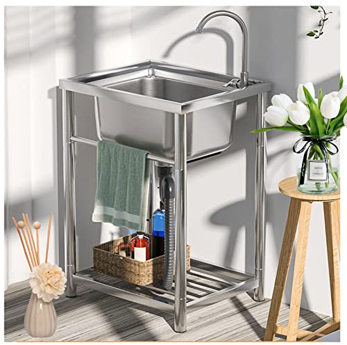 GLMGBP Küchenspülen U-Tility-Spüle, Edelstahl, freistehendes Einzelbecken, gewerbliche Spüle, Waschwanne mit Wasserhahn, mit Abtropffläche für Arbeitsstation, Außenküche/heiß und kalt/Einzelhahn/6