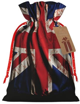 Jutebeutel mit britischer Flagge auf schwarzem Hintergrund, große Geschenktüten mit Kordelzug, Geschenktüten mit Etikett, Weihnachtsverpackungstüten, wiederverwendbar, für Feiertage, Partygeschenke,