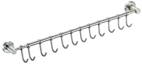 YunGenu Premium Stainless Steel Kitchen Tool Utensil Organizer Rack with Movable Hooks for Pan Pot,Wall Mount (24-12Hooks Version B)