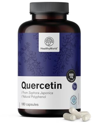 HealthyWorld® Quercetin 500 mg – 180 pflanzliche Kapseln – Aus dem Blütenextrakt von Sophora Japonica – Hoher Gehalt von 500 mg pro Kapsel – Ohne GVO und Allergene – 6 Monate Vorrat