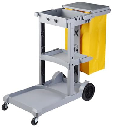 Janitorial Cart Cleaning Cart on Wheels, Housekeeping Cart, 3 Shelf Commercial Plastic Janitor Cart, with Vinyl Bag & Lid for Restaurant Hotel,Gray