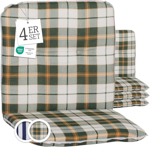 Beo Bali Gartenstuhl-Auflagen Niedriglehner 96x47 cm, 4er Set | Waschbare, UV-beständige Sitz-Kissen | Atmungsaktive Polster-Auflagen nach Öko-Tex Standard | Grün kariert | Made in EU