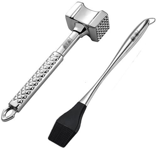 Martillo ablandador de carne de acero inoxidable, aplanador de carne de doble cara con agarre antideslizante y cepillo para rociar, mazo de carne de cocina para pollo, concha, chuletas de ternera