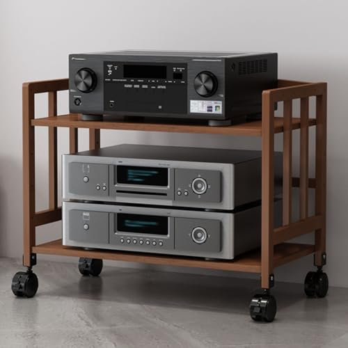 Audio Rack Hifi Regal 53 Cm Hohes Audio Rack Aus Holz, 2 Stufiger Stereo Rollschrank Mit Höhenverstellbarem Regal, Robuster AV Medienhalter Zur Aufbewahrung Von DVD Playern(Brown,W 55 cm(21 2/3 in))