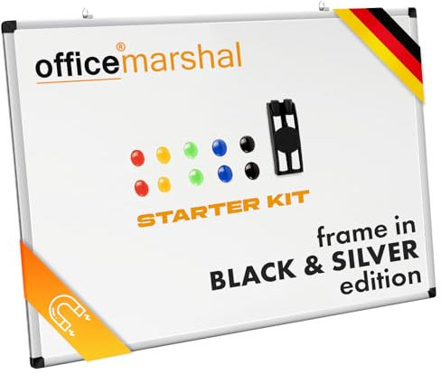 OfficeMarshal Magnettafel 60 x 90 cm Whiteboard Set inkl. Magneten, Boardmarker, Stiftehalter mit Reinigungsschwamm & Wandhalterung - kratzfest & beschreibbar - Memoboard (silberner Rahmen SET)