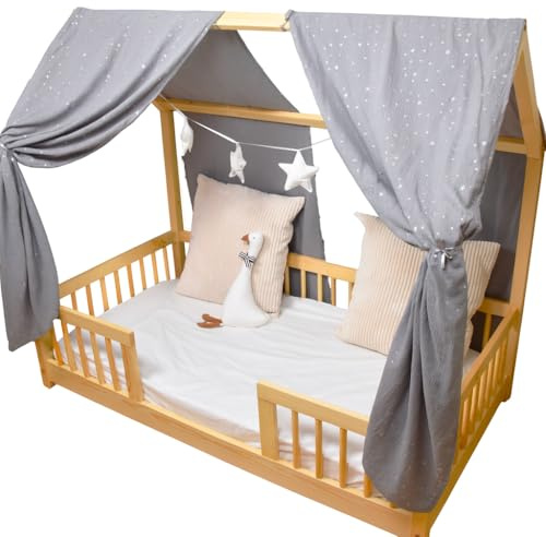 YellowNest Tenda per Letto Montessori (2 Pezzi) - Tenda Letto Bambini per Letto 70x140cm - 100% Mussola di Cotone - Senza Ghirlanda (Grigio, 62 x 270 cm (2 Pezzi))