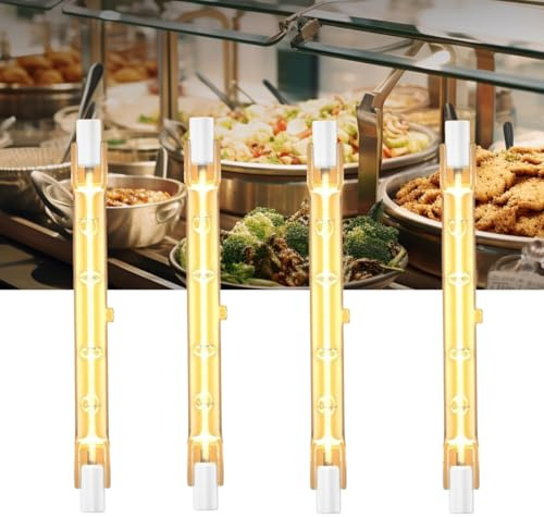FKLiLEBU 4 Pack 300W R7S Heat Lamp Bulbs – 118MM Jacketed Halogen Food Heating & Warmer Lights with CRI 80+ for Buffets, Home Kitchens, Restaurants & Cafeterias
