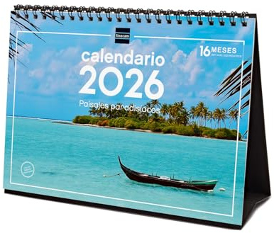 Finocam - Calendrier de bureau 2026 mois vue janvier - décembre 2026 + sept. - Déc. 2025 (4 mois) réduits | Calendrier 2026 | Images paysages paradisiaques - Espagnol