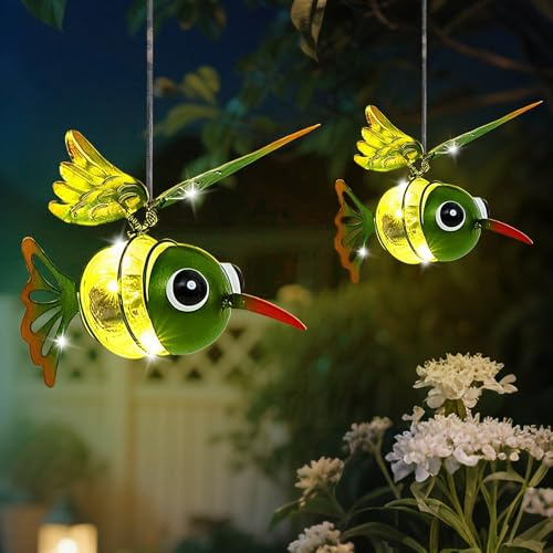 FUFRE Schmetterling Solar Deko Lichterkette Aussen Hängend, LED Schmetterling Solarlampen für Außen Hängend, Gartendeko für Draußen Wetterfest Tiere Solarleuchten für Terrasse, Balkon (2 Kolibri)