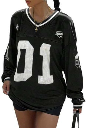 GORGLITTER Långärmad damtröja, Y2K, toppar, jersey, t-shirt, långärmad tröja med bokstäver, oversized casual, streatwear, vårkläder, svart, M