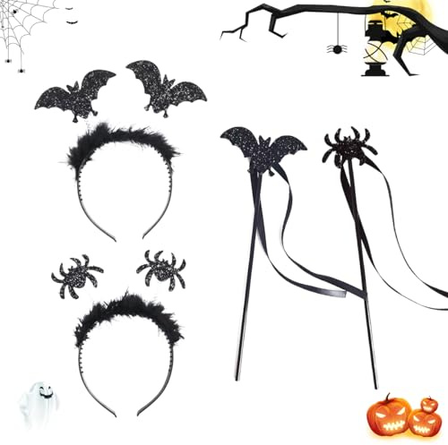 GTJEOI 4 Stück Halloween Haarreif mit Zauberstab, Fledermaus Spinne Haarreif, Fledermaus Stirnband, Fledermaus Stirnband, Fledermaus Ohren mit Glitzereffekt, Kopfschmuck für Halloween, Karneval