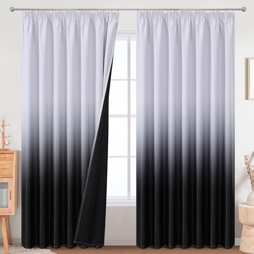 VEHEDE Große Vorhänge 229cm Länge, Extra Breite Große Thermisch Isolierte Schwarz und Weiß Ombre Vorhang für Schlafzimmer, Gradient Lärm Reduzierende Vorhänge für Wohnzimmer, H229 x B229 cm