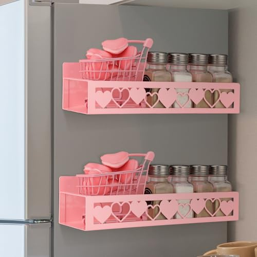 Beeveer 2 Pack Heart Magnetic Spice Rack for Refrigerator Metal Magnet Basket Shelf for Fridge Seasoning Storage Organizers Home Decor Kitchen Accessories (Pink)
