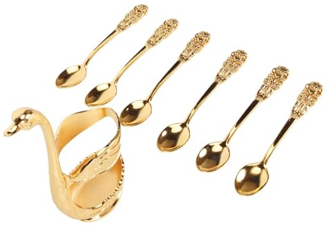 CHICIRIS Porta del Cucchiaio da caffè, Supporto per Cucchiaio con Porta Base 6pcs di caffè Set Squisito Cucchiai di Metallo Decorativo per Torta di Gelato da Dessert Dorato