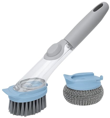Dish Brush with Soap Dispenser, Dish Brush with Soap Dispenser - Washing Up Brush with Liquid Dispenser & 1 Extra Spherical Replacement Head, Leak-Proof Handle for Pots, Pans and Kitchen Sink Cleaning