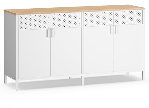 SONGMICS Aufbewahrungsschrank, Metallschrank, mit 4 Türen, Stahlgestell | Magnetverschluss, Verstellbarer Einlegeboden, mattweiss-eichenbeige, BRAVON Kollektion LSC205WC01