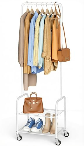 MISSLO Small Clothes Rack with Shelves, Metal Rolling Clothes Rail for Hanging Clothes, Narrow Clothing Rack on Wheels Sturdy Clothes Hanging Rails for Coats, Shoes, Bags, Garment Rail (White)