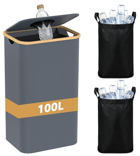 Hordolry Recycling Bin for Kitchen 26 Gallon, 100L Large Recycle Bins with Bamboo Lid, 2 Removeable Reusable Inner Bags, Foldable Kitchen Trash Can for Recycling Bottle Plastics, Grey