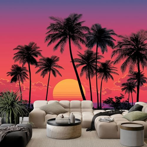 WHUOEUCO Carta da Parati Moderna Vista del tramonto sulla palma 350x256 cm Fotomurali Arte 3D Non Tessuto, Fotografica Murale Carta da parati per Camera Letto, Soggiorno