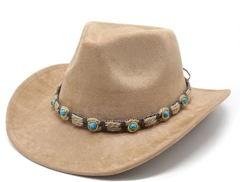 Chapeau Cowboy pour Femme Homme Western Cowboy/Cowgirl Hat Panama Chapeau Fedora à Large Bord Rétro Chapeau Roulé avec Boucle de Ceinture Jazz Hat (FR/ES, Alpha/Lettres, Taille Unique, Camel)