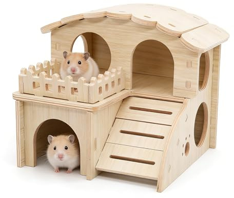 Hamsterhaus aus Holz Hamster Haus Meerschweinchen Haus mit Rampe Mehrkammernhaus Hamster Zwerghamster Zubehör Hamster Versteck für Klein Haustiere Hamsters Rennmäuse