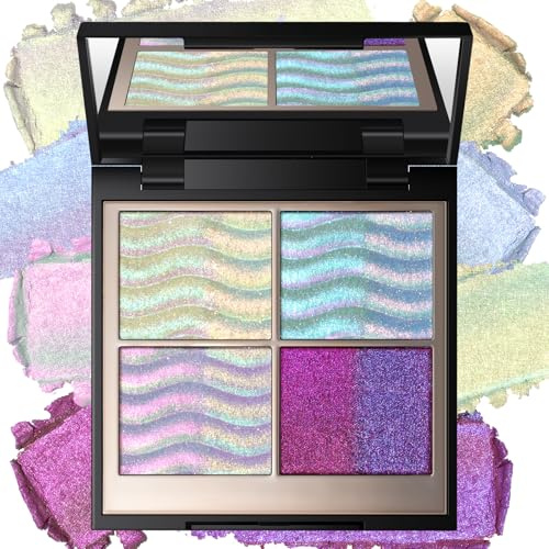 Noerrors 4 Farben Holografische Chamäleon Glitzer Lidschatten Palette,Multichrome Pflaumen Blau Lila Rosa Schimmer Eyeshadow,Diamant Irideszenter Duochrome Farbwechsel Highlighter Eye Make-up