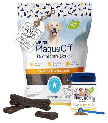 ProDen PlaqueOff Pack Polvo 60g y 13 Huesos para Perros Pollo y Calabaza