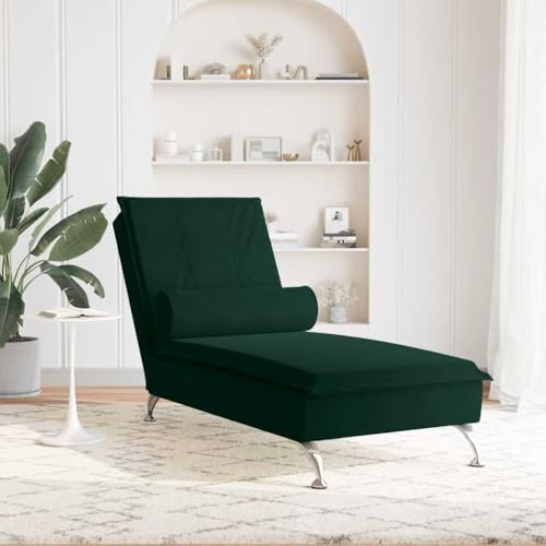 faucqel massage schäslong med nackrulle mörkgrön sammet, 136,5 x 56 x 75 cm, USB-kabel, förkromade metallben, avslappningsstol för vardagsrum, bekväm recamiere med massagefunktion