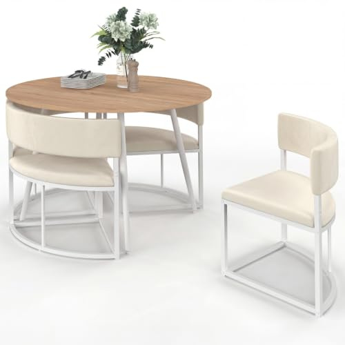 IDMarket - Set aus Tisch und 4 zusammenstellbaren Stühlen MILENE aus weißem Metall mit Tischplatte in Buche-Optik und beigem Samtbezug