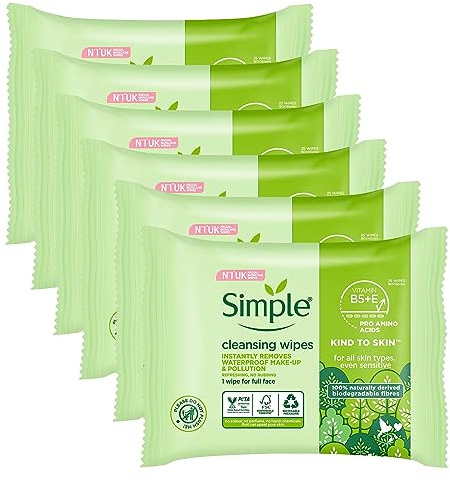 Simple Kind to Skin - Facial Wipes for sensitive skin with Glycerin, Vitamin E,and Vitamin B5 -25 pc pack of 6