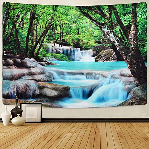 Jorisa Wald Fluss Tapisserie Wandteppich,Grün Bäume Dschungel Wasserfall Felsen Natur Landschaft Wandtuch Wandbehang für Wohnzimmer,Schlafzimmer,Wohnheim,Fotografie Hintergrund,150x200cm