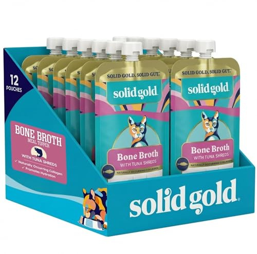 Solid Gold Bone Broth Cat Food Topper - Limited Ingredient Lickable Cat Broth Pouches w/Tuna Protein Shreds & Collagen for Hydration & Gut Support - Easy to Serve Gravy for Cats Meal Topper - 12ct