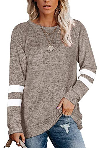 Famulily Women Comfy Striped Colour Block Soft Long Sleeve Tunics Tops Casual Sweatshirts S-XXL