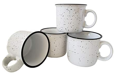 Essential Drinkware 14oz Ceramic Campfire Coffee Mug (Set of 4), White with Speckled Finish - Durable Thick Walled Camping Style Cup for Outdoors or Home