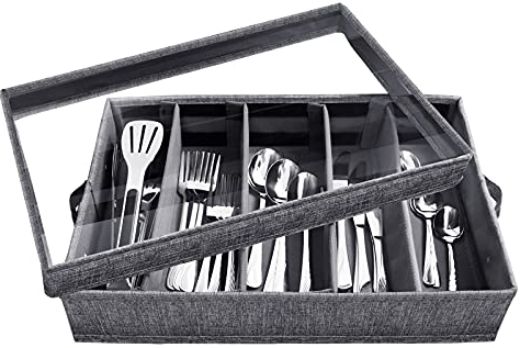 VERONLY Besteck-Aufbewahrungsbox - Stabil Mit Trennwänden, 5 Fächern, Griffen Und Abnehmbarem Deckel Zum Bewegen Und Schutz (Dunkelgrau)